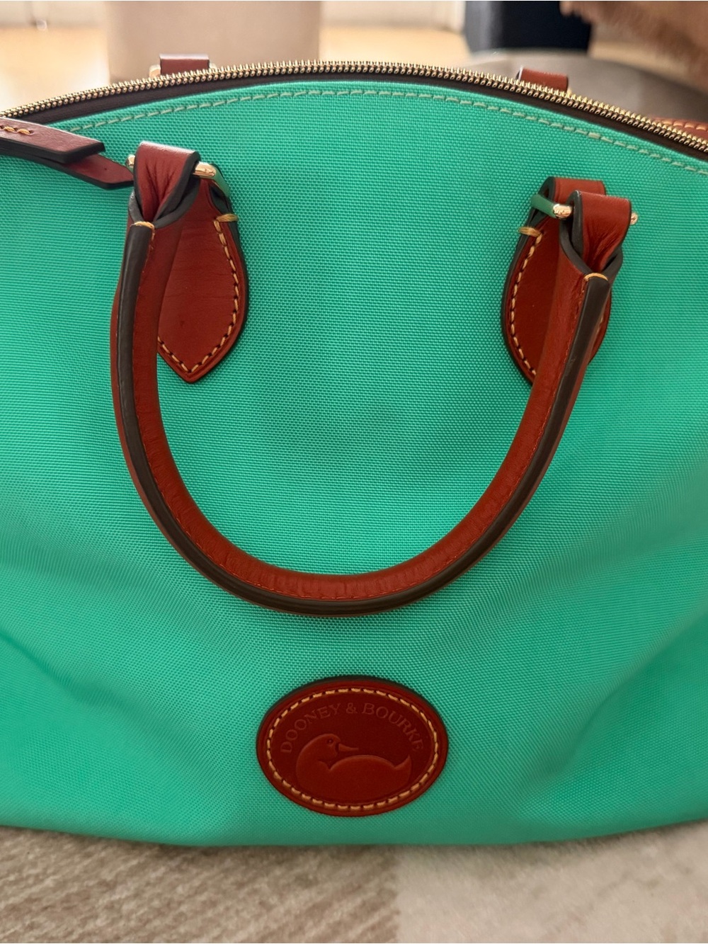 Dooney & Bourke Teal Canvas Tote with Brown Leather Trim